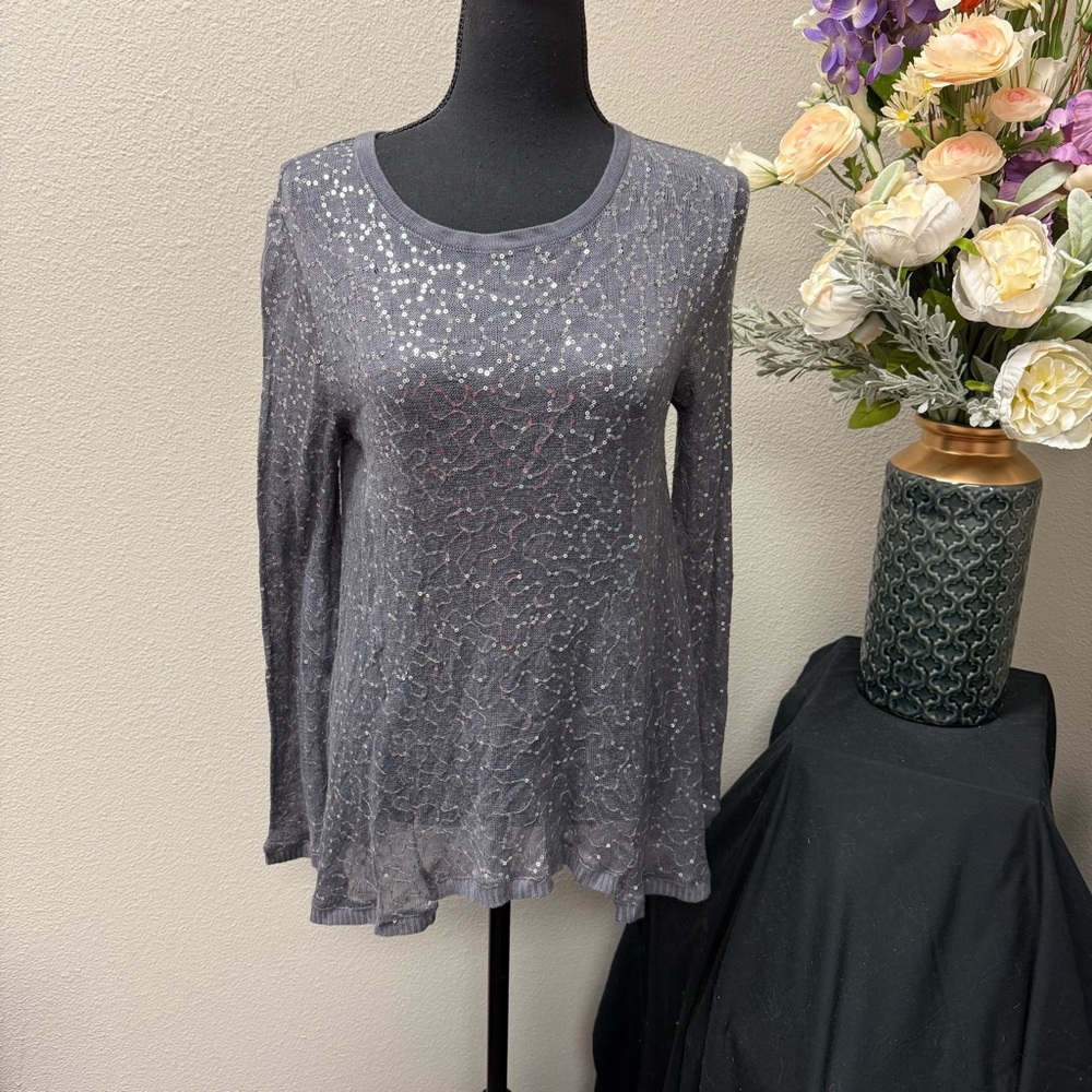 Chan Luu Gray Metallic Sheer Sequin Knit Top Long Sleeve Boho Holiday Party